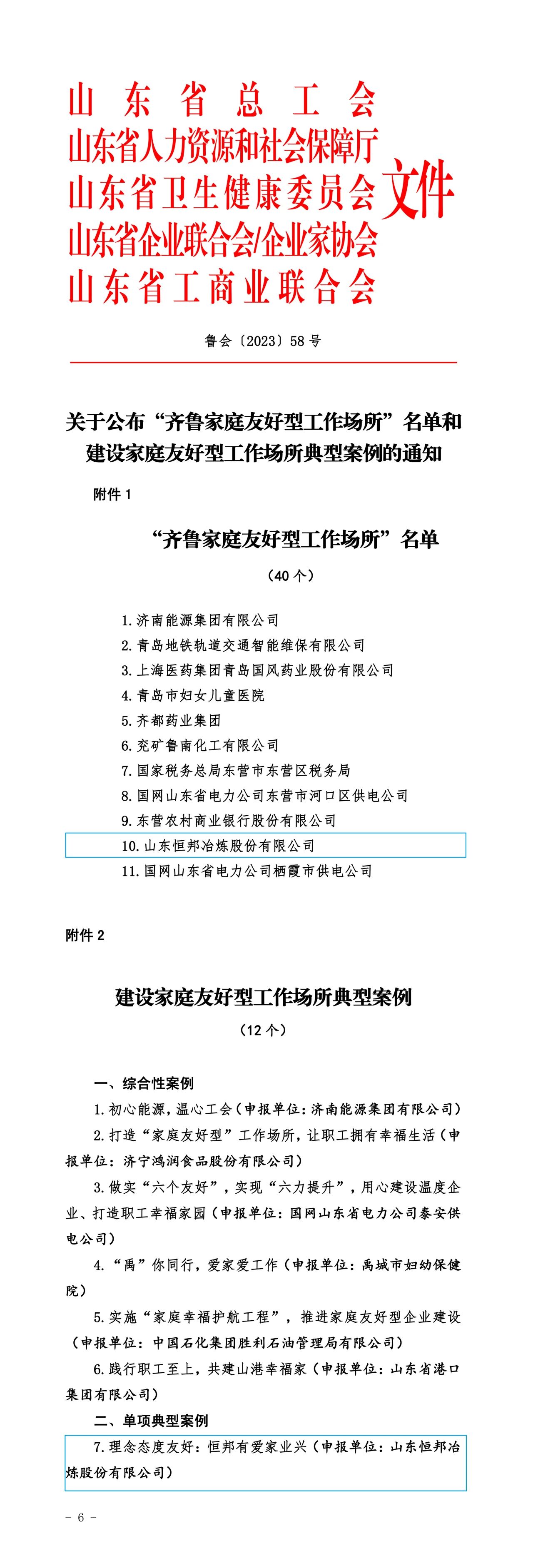 恒邦股份被确定为“齐鲁家庭友好型工作场所”