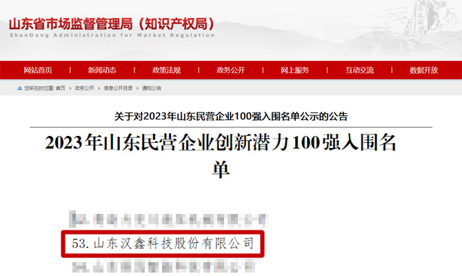 喜报！汉鑫科技入选2023年山东民营企业创新潜力100强！