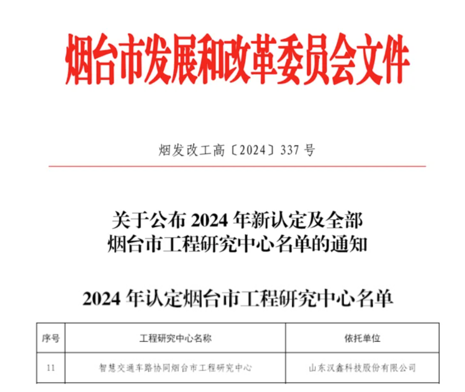 汉鑫科技“智慧交通车路协同烟台市工程研究中心”获评2024年烟台市工程研究中心